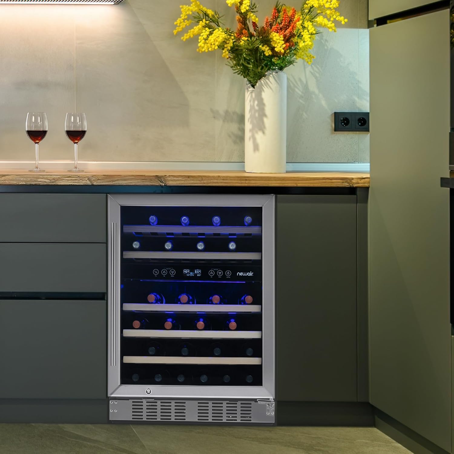 Stainless Steel Dual Zone 46 Bottle Wine Refrigerator with Beechwood Shelves