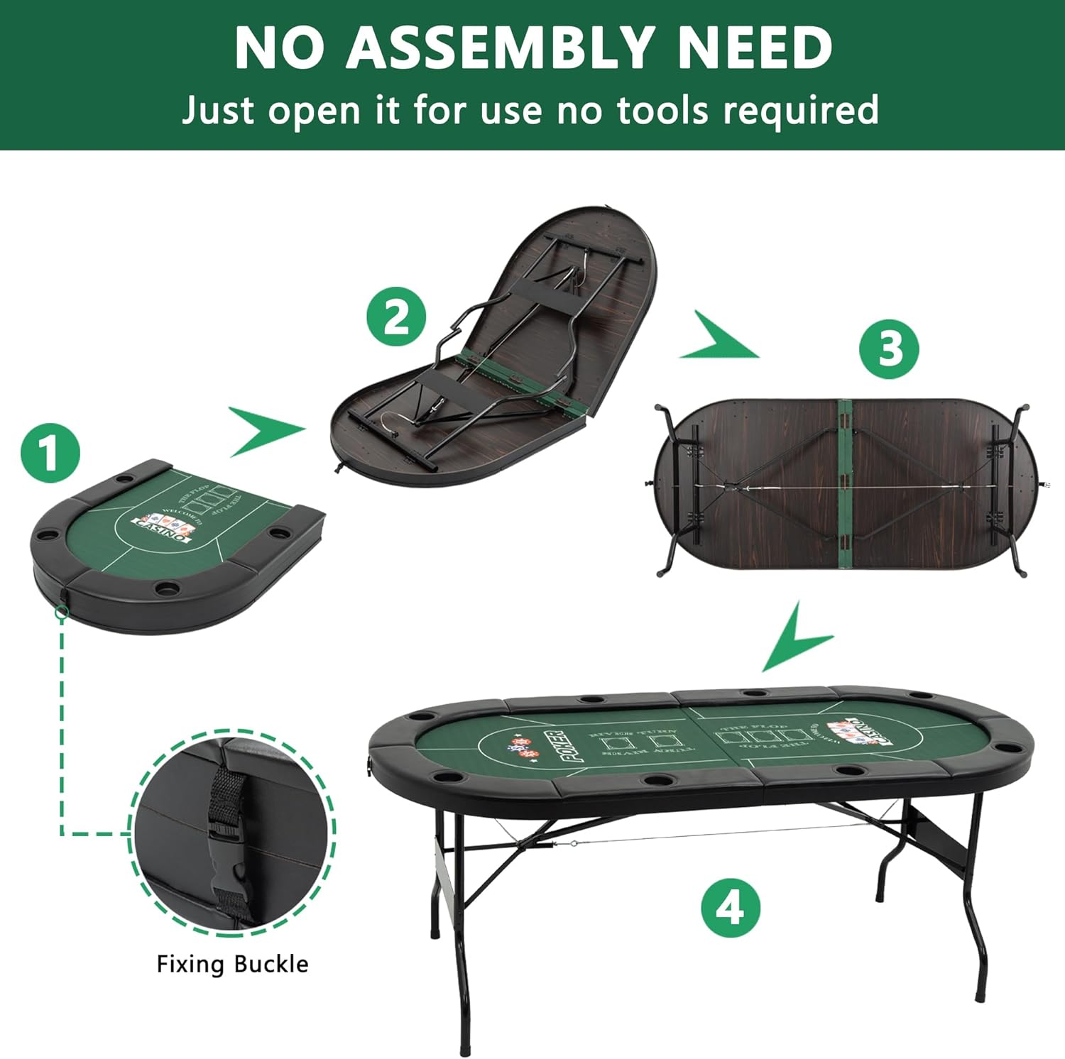 8 Player Folding Poker Tables, Texas Holdem Table with Padded Rails & Cup Holders, Foldable Casino Poker Table, Oval Blackjack Tables Foldable Leisure (Green)