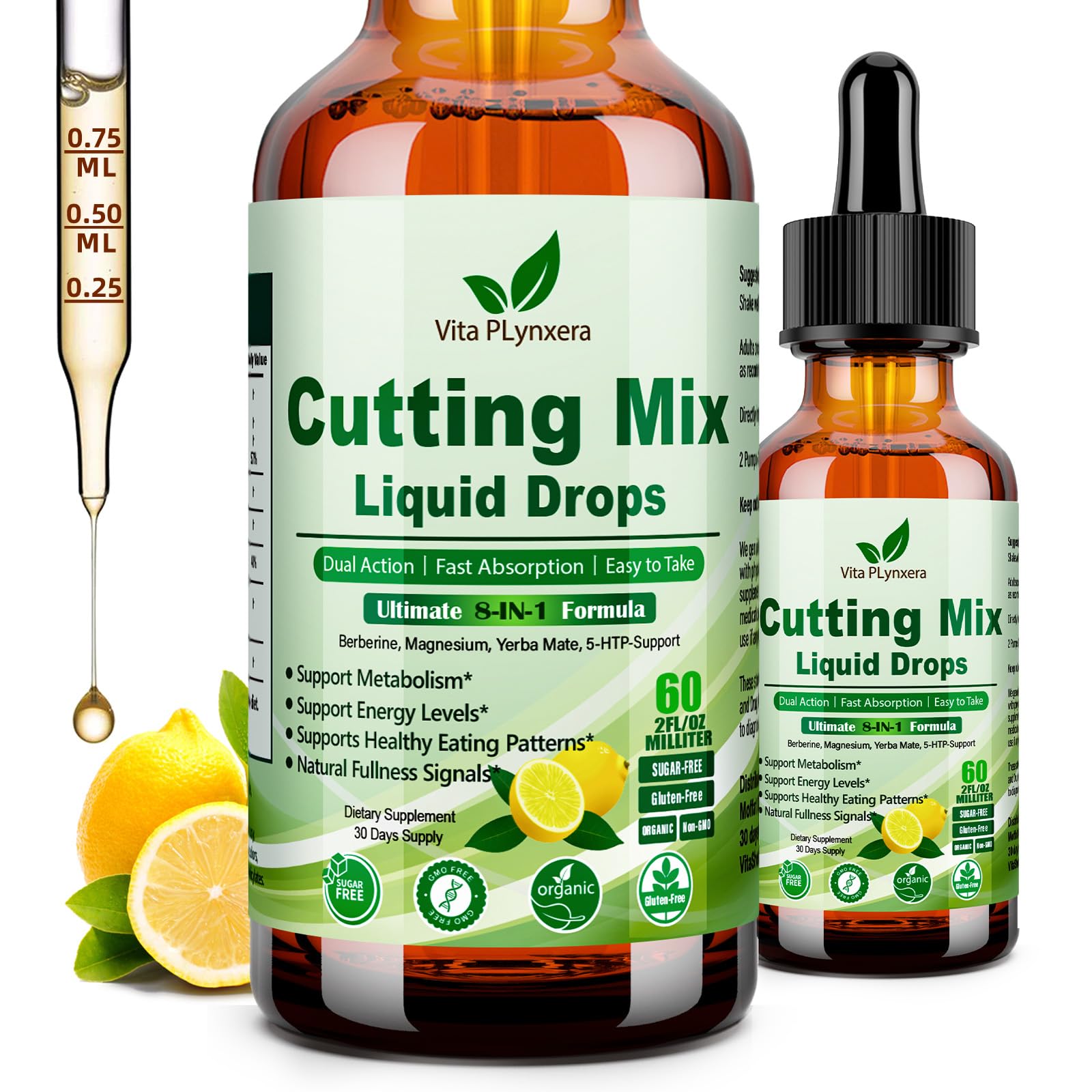 Vita PLynxera Cutting Mix Drink Liquid Drops, 8-in-1 GLP Drink Mix Magnesium Berberine Yerba Mate Chromium FOS & 5-HTP for Energy Satiety Signaling & Gut Health, Lemon Flavor 30 Servings