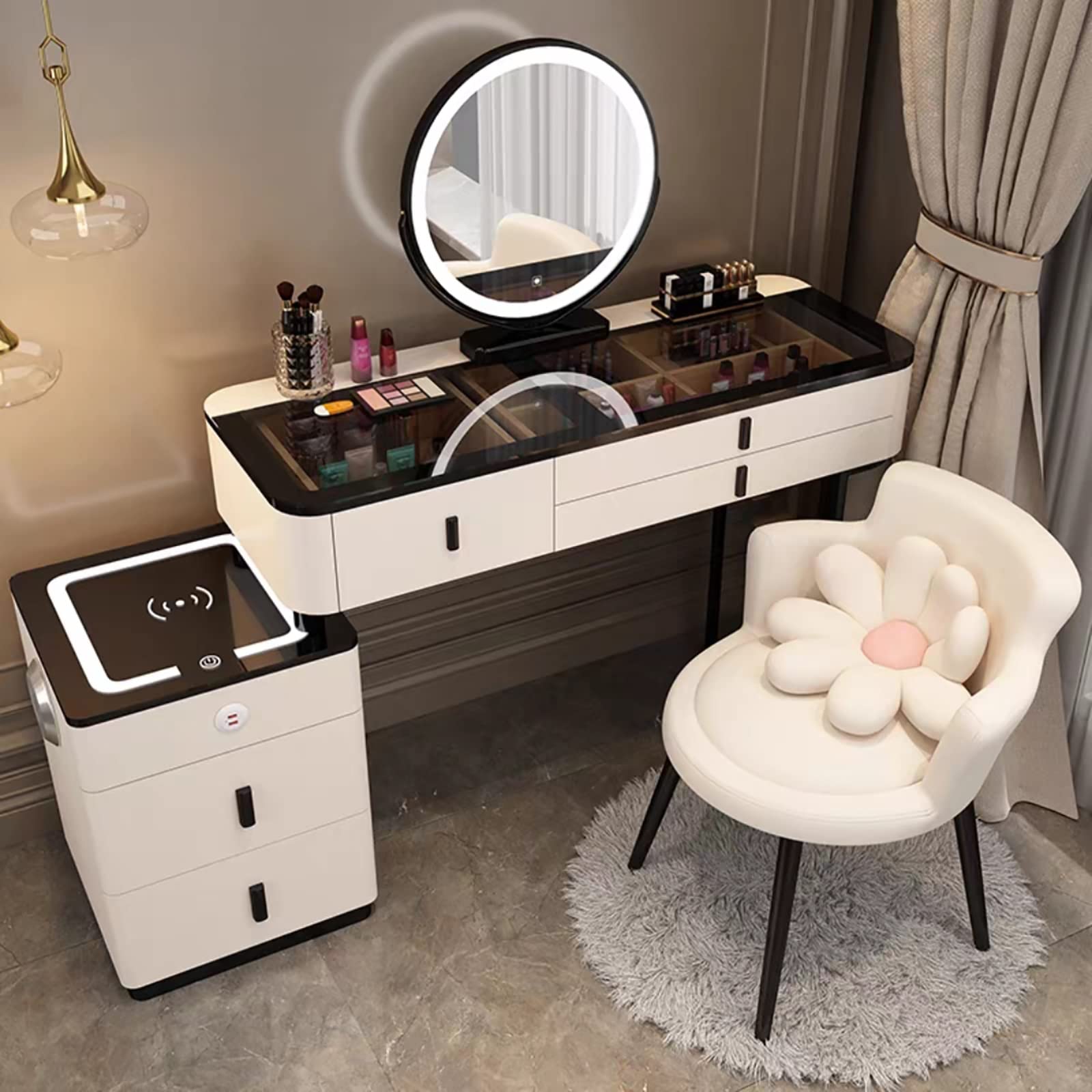 asdchZen Vanity Makeup Desk Set With Mirror Cushioned Stool Nightstand Bluetooth Audio Wireless Charging And 5 Drawers White 120Cm/47.2In,White-b-120CM/47.2IN
