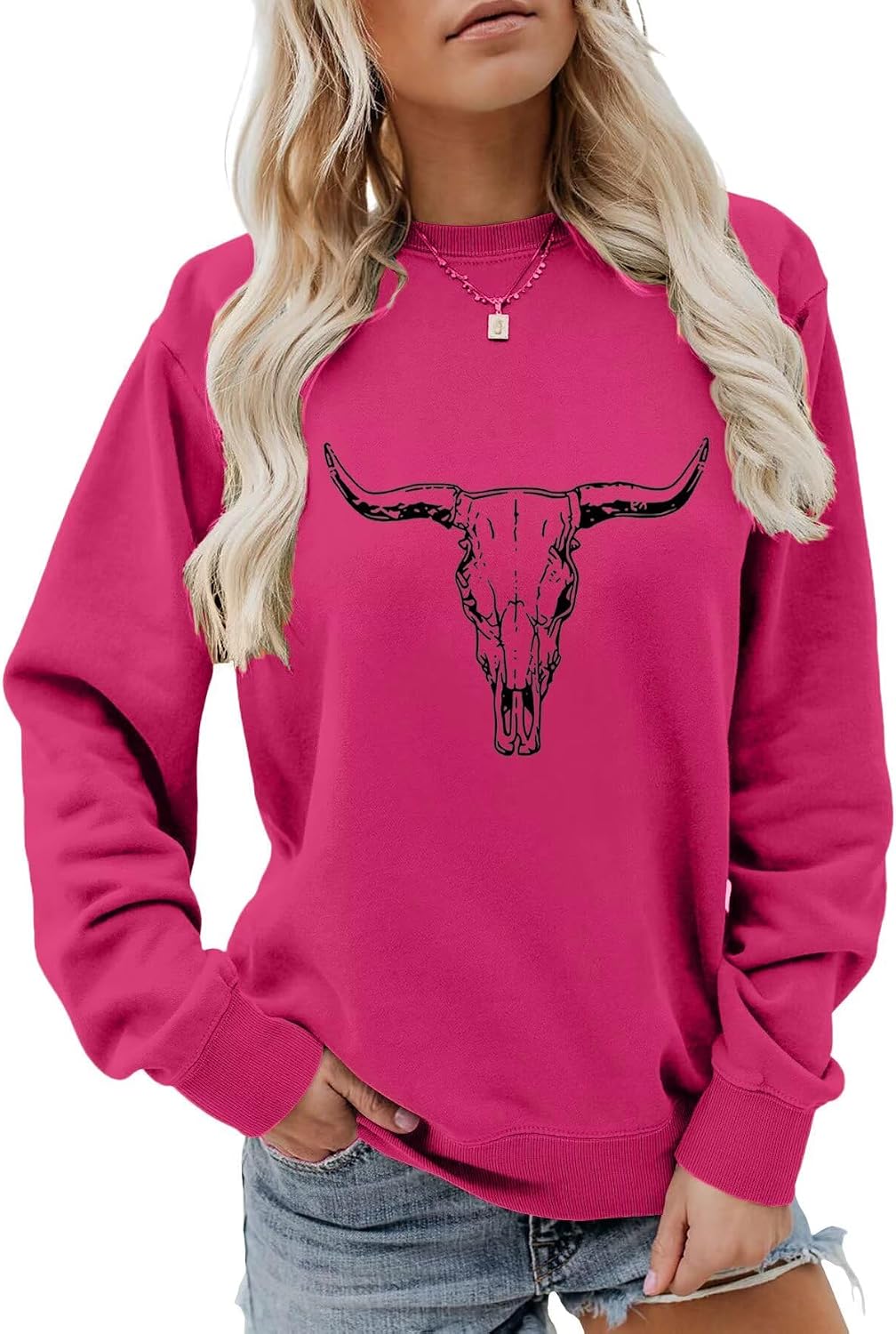 babyhealthy Graphic Shirt for Women Long Sleeve Crewneck Western Country Pullover Cowgirl Cow Skull Sweatshirt