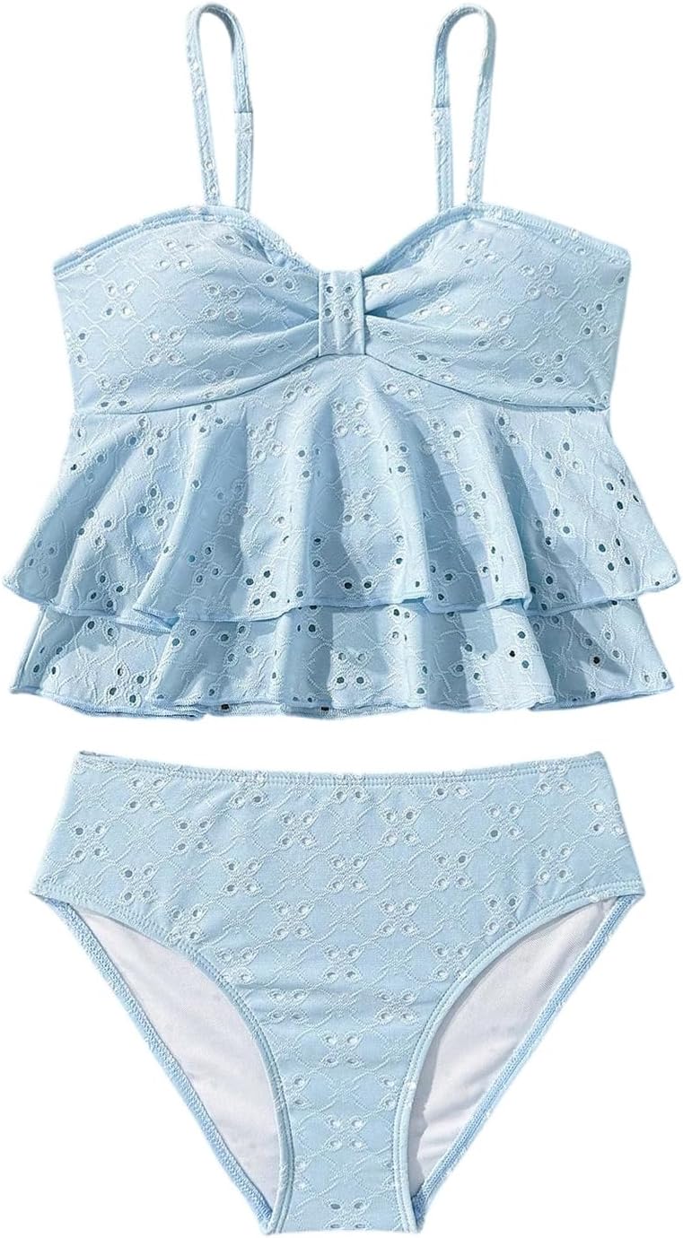 SHENHE Girl's 2 Piece Tankini Swimsuit Ruffle Flounce Bathing Suit Eyelet Embroidery Swimwear
