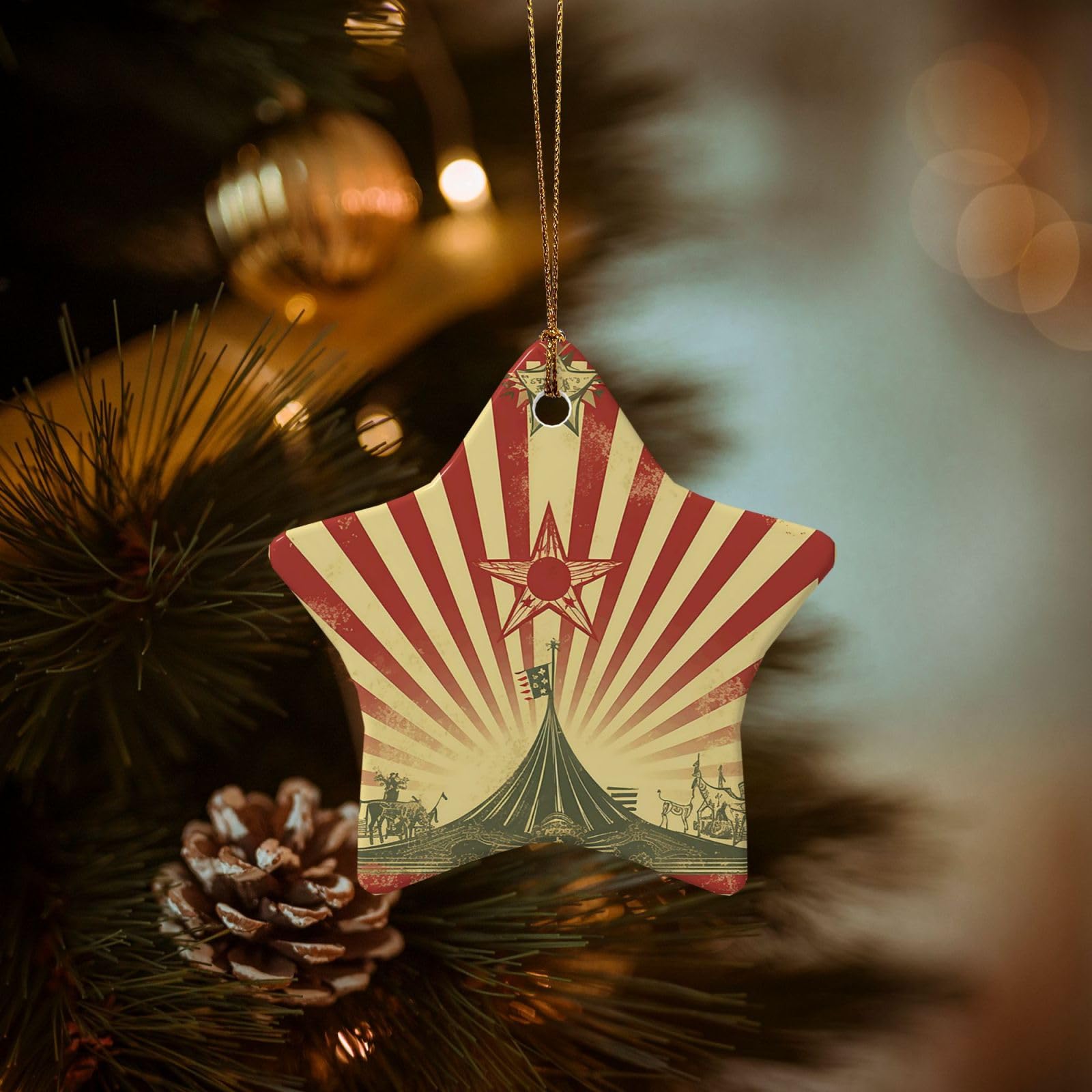 Christmas Ornaments for Christmas Tree Decoration Hanging Vintage Circus Background Ornament with Gold Ribbon Crafts Star Shape Ceramic Pendant for Keepsake Gifts Xmas Decor Party Supplies