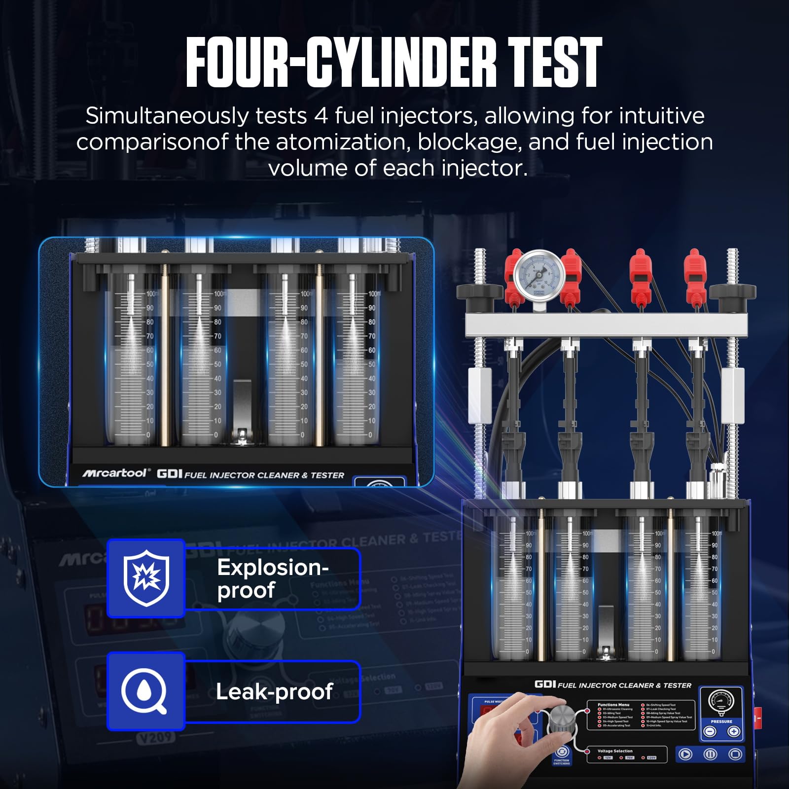 PLAYOCCAR Máquina limpiadora de inyector de Combustible, 220V Limpiador y probador de inyector de Combustible 2 en 1, Limpiador de inyector de Combustible ultrasónico con 9 Funciones de Prueba (V209)