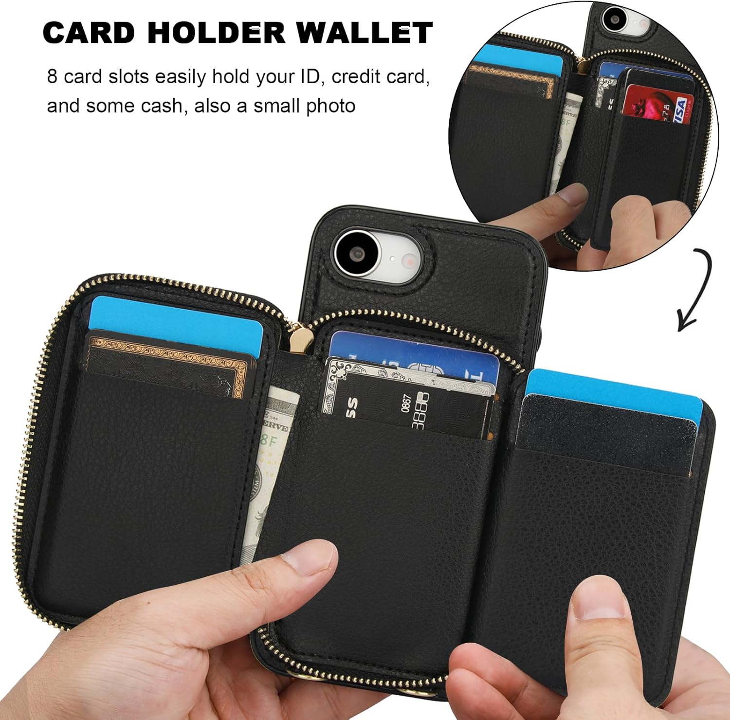 Bocasal RFID Blocking Wallet Case for iPhone 17e/16e, Adjustable Crossbody Zipper Purse Case Card Holder with Kickstand Detachable Wrist Strap, PU Leather Flip Folio Case 6.1 Inch 5G (Black)
