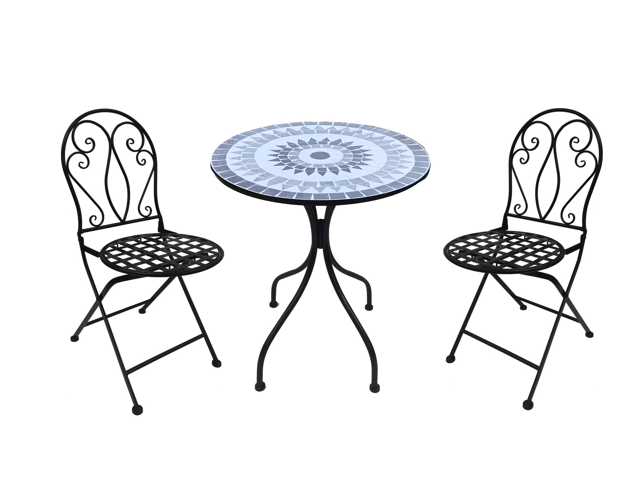 AVANTI TRENDSTORE - Mira - Set arredo esterno in metallo per due persone, composto da un tavolino con piano rotondo con inserti in mosaico e due sedie.