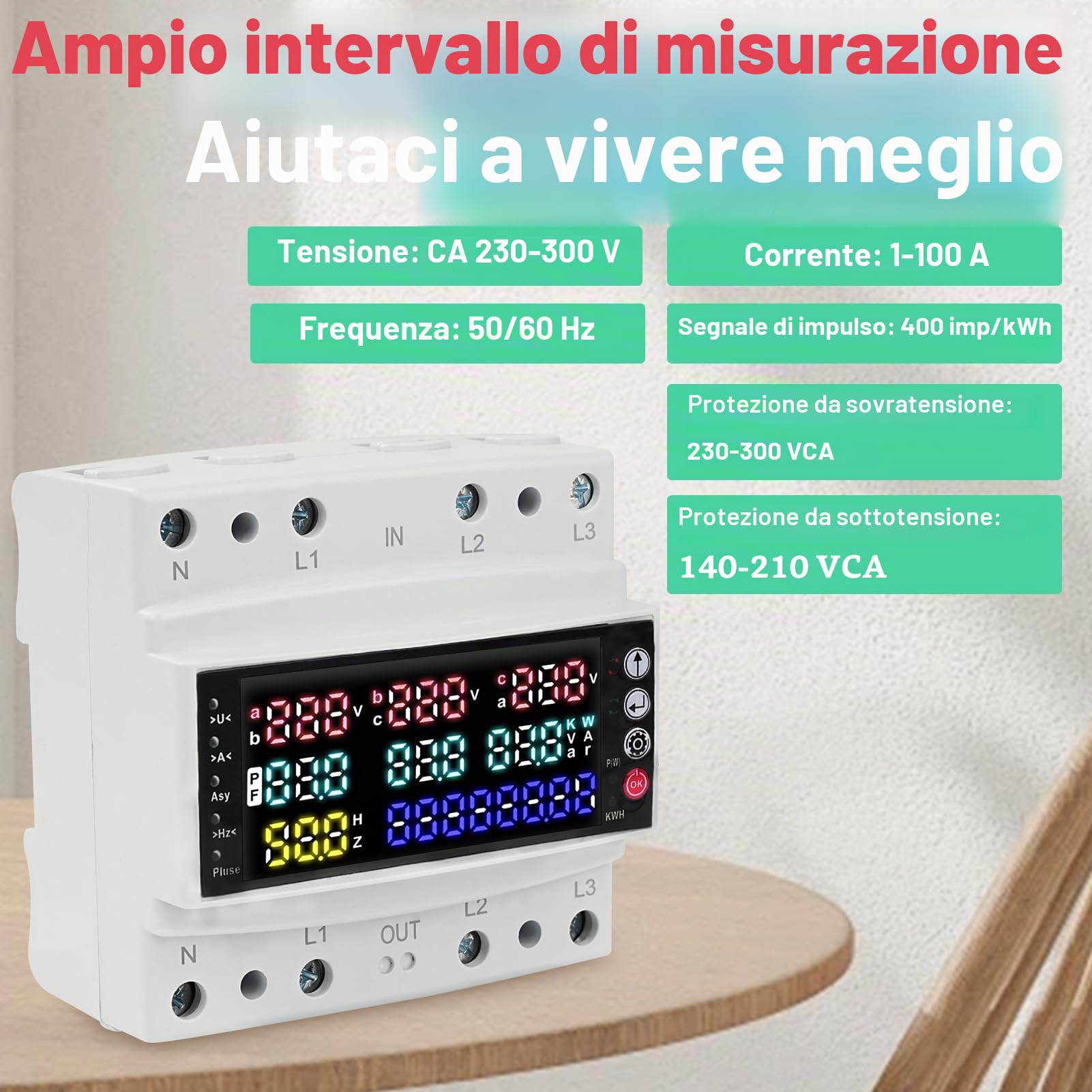 Contatore Energia Elettrica, 3 fasi Misuratore di Potenza Trifase con Display LCD Contatore Elettrico per Guida Protezione da Sovratensione/sottotensione Misuratore Consumo Elettrico AC 230V 100A
