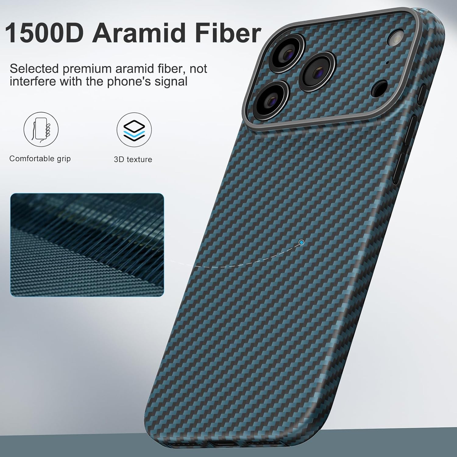 memumi Case for iPhone 17 Pro Max Aramid Fiber, [NO-case Feeling] Durable Sturdy Aramid Fiber with 0.5mm Slim Case for iPhone 17 Pro Max Thin and Minimalist in Carbon Fiber Design, Black Blue
