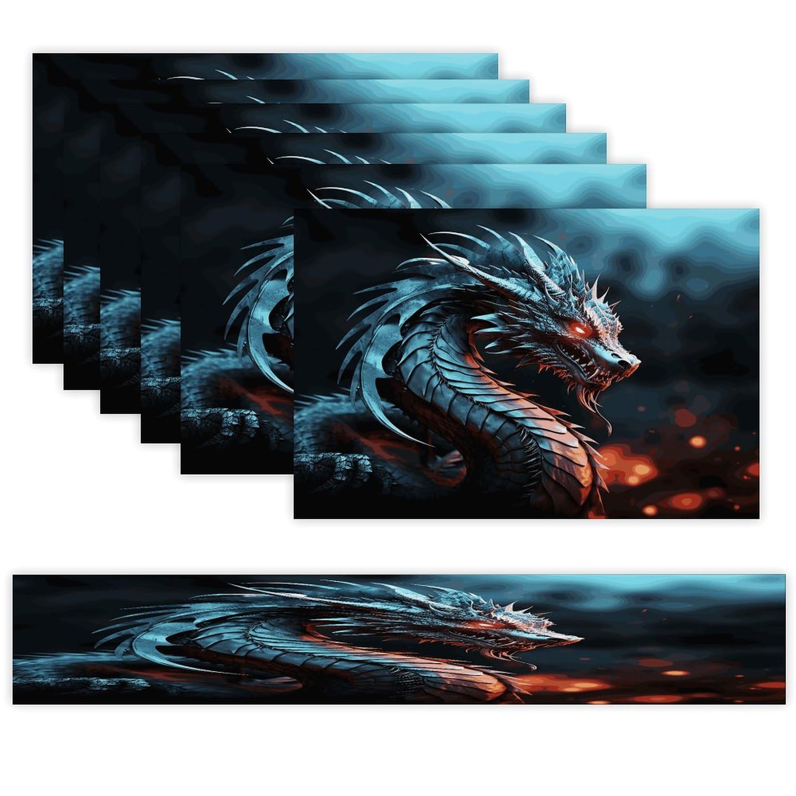 Dragon Table Runner and Placemats Set of 6 for Kitchen Washable Table Mats Heat Resistant Place Mats Non-Slip Place Mat Wipeable Placemat(6 Placemats+1 Table Runner)