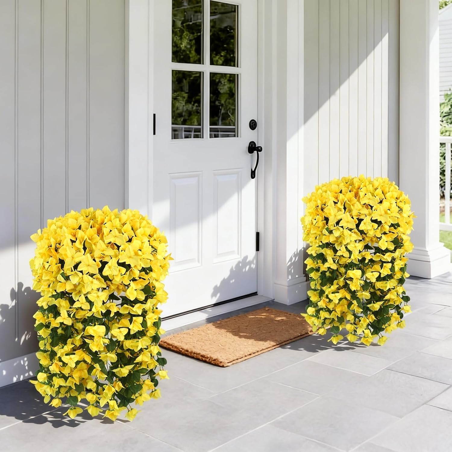 6PCS Fake Hanging Flowers Plants for Outdoor Spring Summer Decoration Yellow Artificial Flowers Outdoor Faux Bougainvillea UV Resistant Look Real for Outside Porch Planter Garden Decor