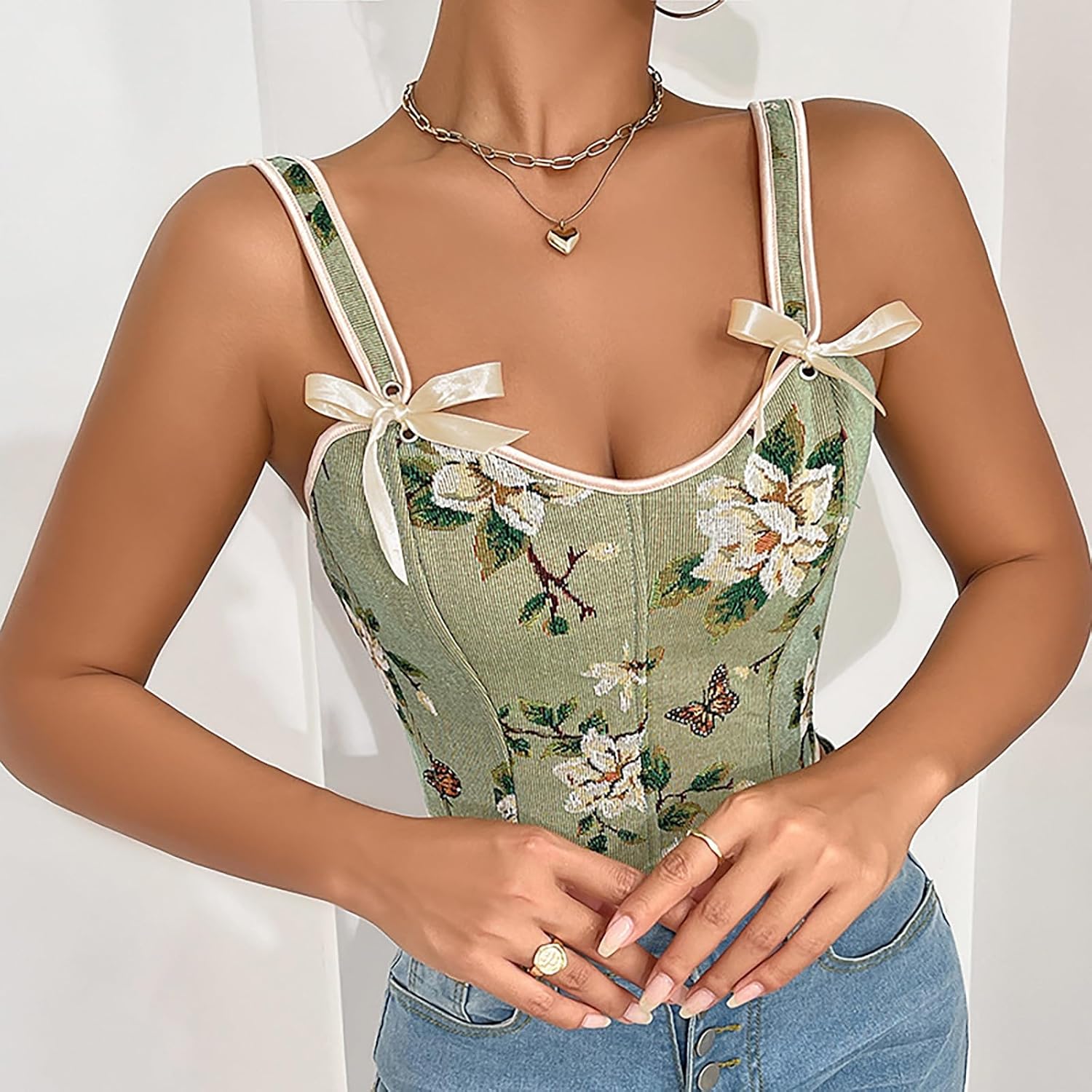 Popular Corset Elegant Flower Bustier for Female French Shaping Girdle LaceUp Tanks Top for Cosplay Party Theme Event Dark Green