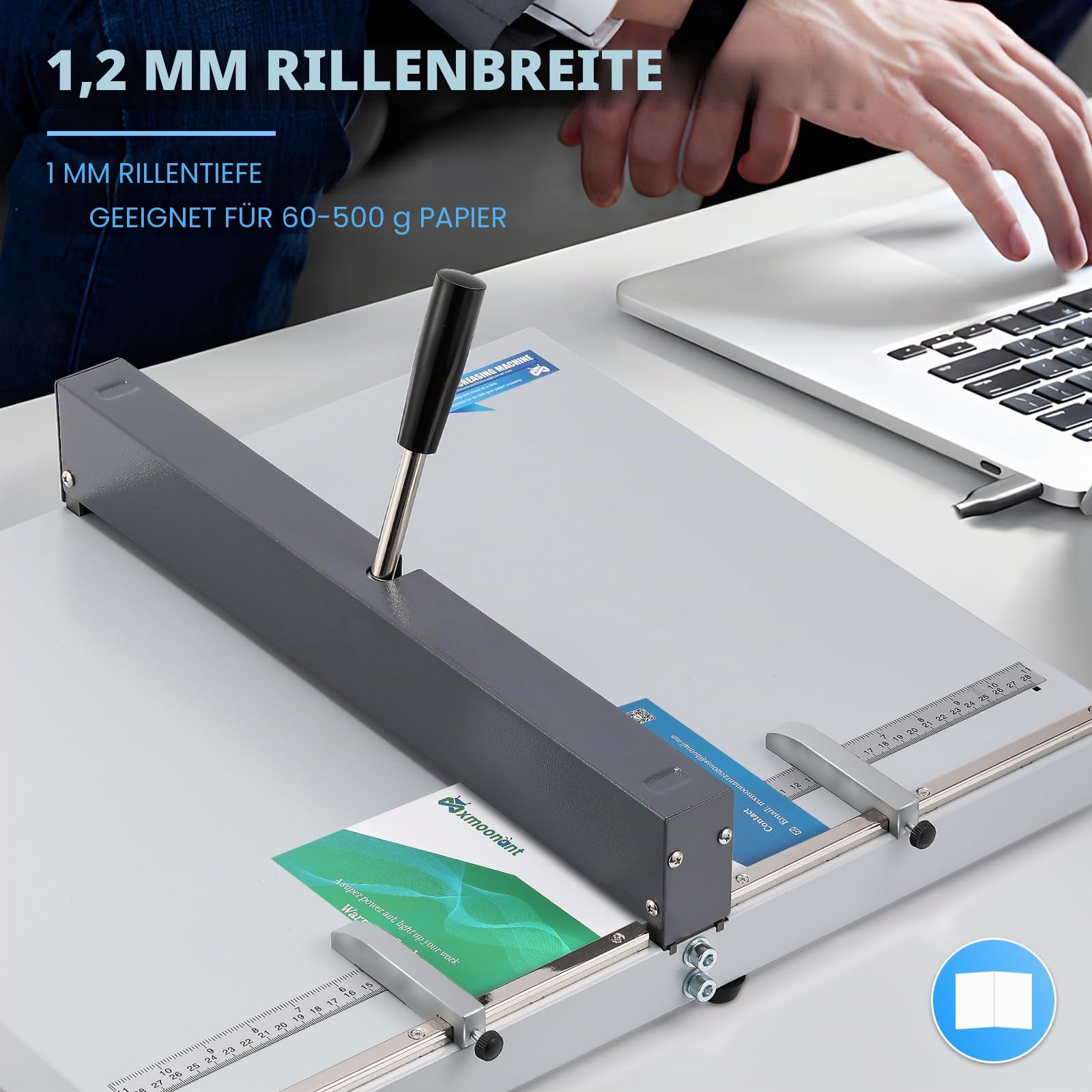 Mxmoonant Manuelle Falzmaschine 60–500 g Papier-Faltfalte mit 2 verstellbaren Blocks und metrischem/imperialen Positionierungslineal für Papierbögen, Karton