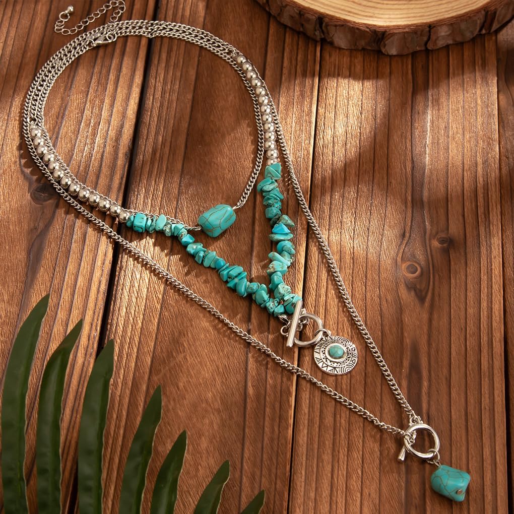 Boho Western Necklaces for Women Vintage Turquoise Beaded Layered Necklaces Cowboy Hat Cow Head Pendant Necklace Set Cowgirl Jewelry Accessories - Image 5