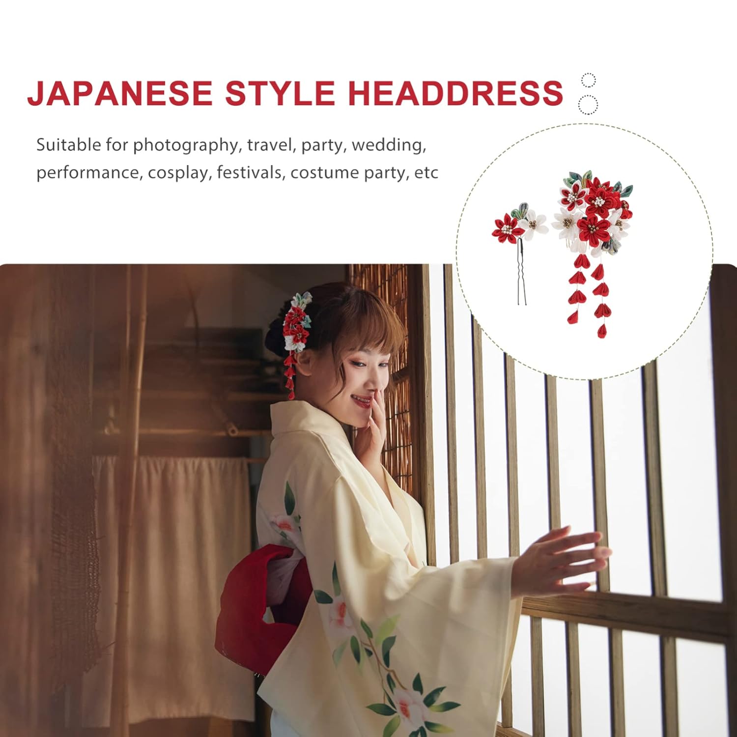 Beaupretty Makeup Bag with Japanese Kimono-Inspired Hair Accessories: Flower Hair Pins, Comb with Tassel, and Hanfu Headdress (Red)