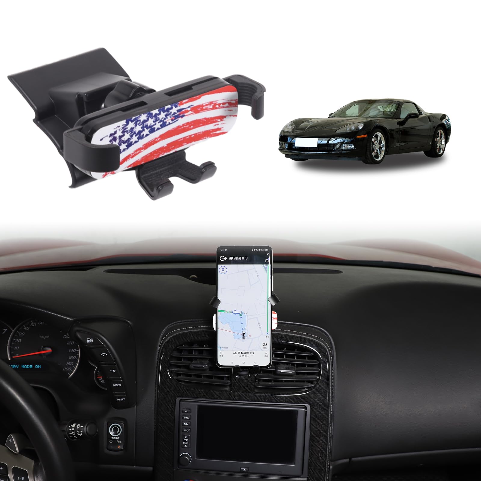 Soporte de teléfono para coche Corvette C6 2005-2013, consola central, rejilla de ventilación, giratorio, fijo, soporte de teléfono móvil para coche, compatible con iPhone, Android, smartphones