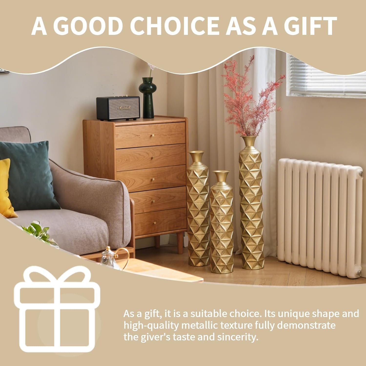 Metal Tall Floor Vases Set of 3, Gold Tall Floor Vases for Decor Living Room with Growing Vine Patterns, Embossed Body Pattern, Geometric Cylinder (Gold 1)