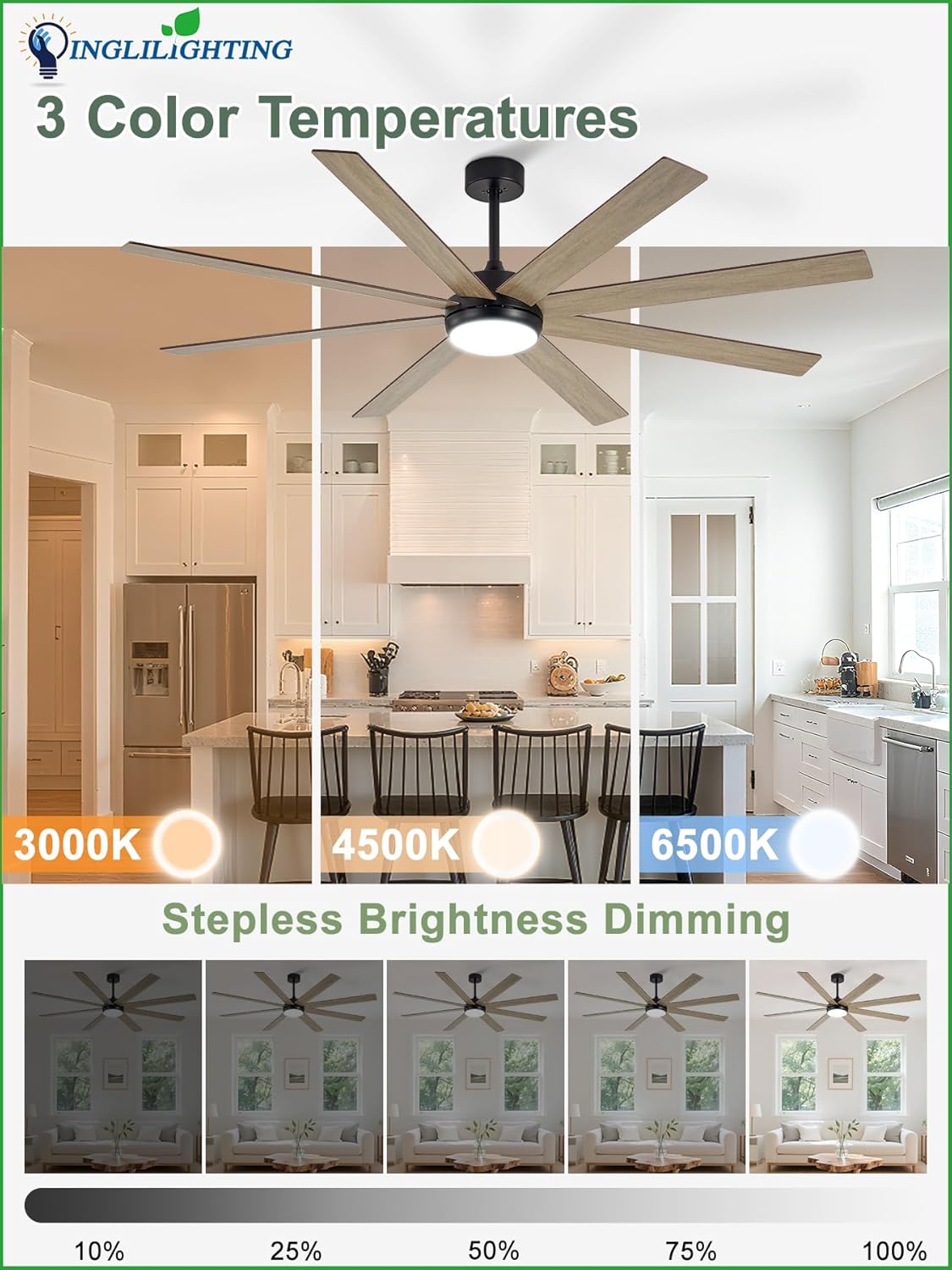 DLLT Large Ceiling Fans with Lights: 72in Modern Indoor/Outdoor Ceiling Fan for Living Room Patio - Grey Ceiling Fans with Remote APP Control 8 Blades Reversible Quiet DC Motor Timer 6 Speeds 3 CCT