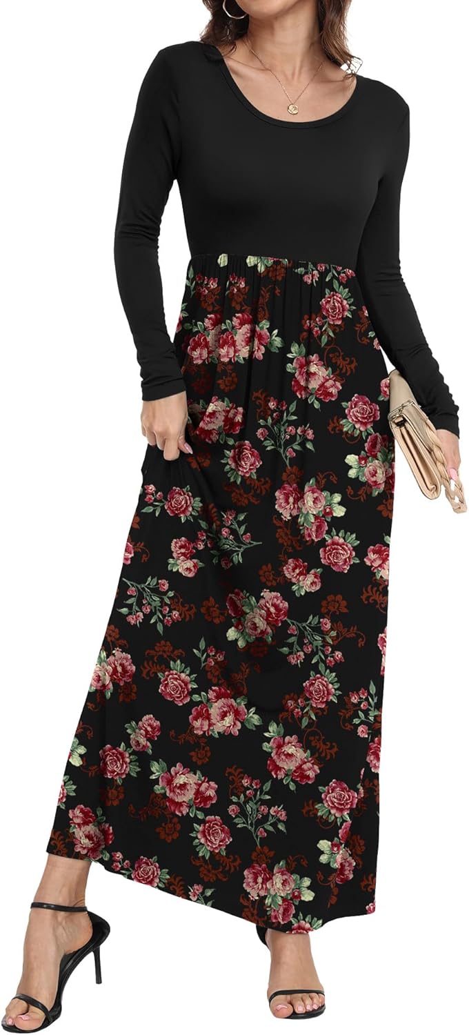 HAOMEILI Women's Casual Loose Long Dress Long Sleeve Floral Print Maxi Dresses with Pockets L Rose Black - Image 3