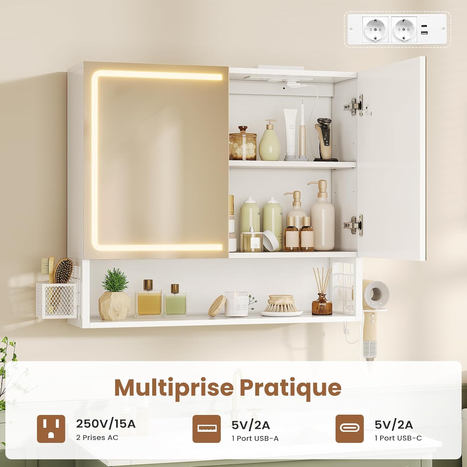 Specchio Bagno 70x16x60 cm con Luce LED Regolabile, Specchio Bagno Contenitore con Mensole Regolabili, Mobile Specchio Bagno con Presa Elettrica e Supporto per Asciugacapelli, Controllo Touch