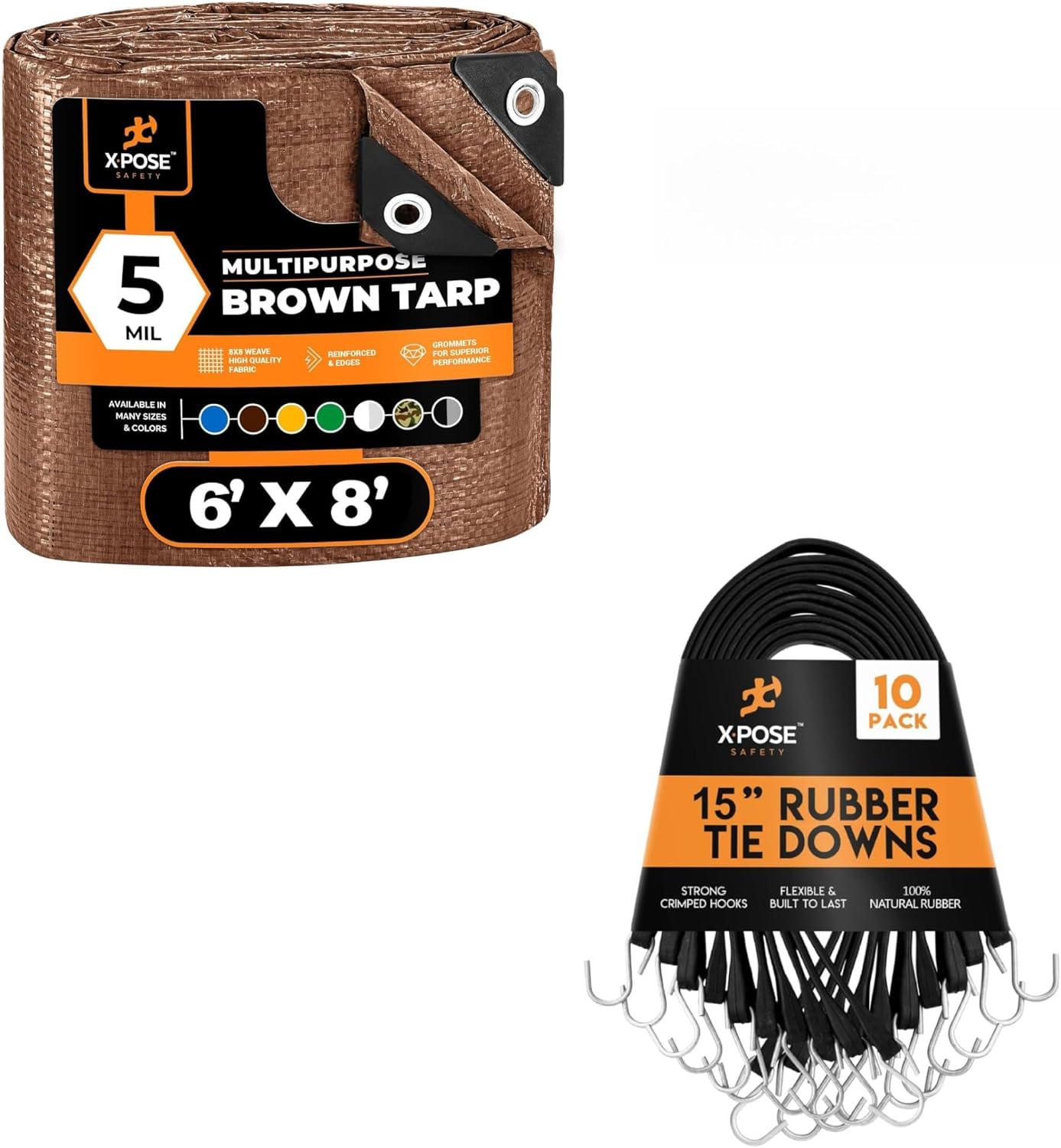 6' x 8' Multipurpose Brown 5 Mil Poly Tarp with 10-Pack 15" (23” Max Stretch) Bungee Cords – Waterproof, UV Resistant, Reinforced Edges, Grommets & Durable Tie Down Straps by Xpose Safety