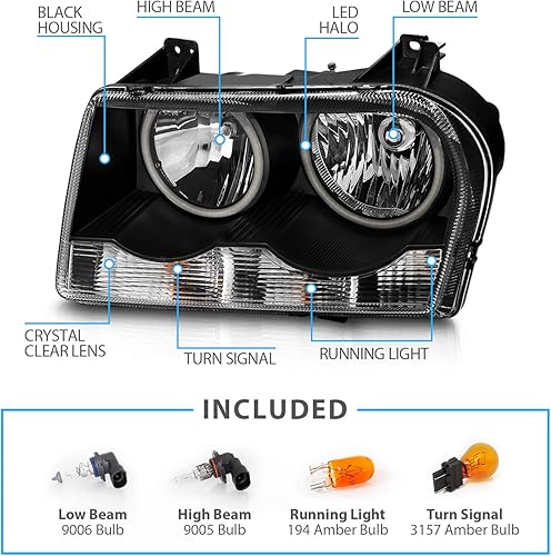 Miniatura 4 de AmeriLite Para Chrysler 300 2005-2010 tipo halógeno Xtreme Dual LED Halos Black Juego de montaje de faros delanteros - lado del pasajero y del