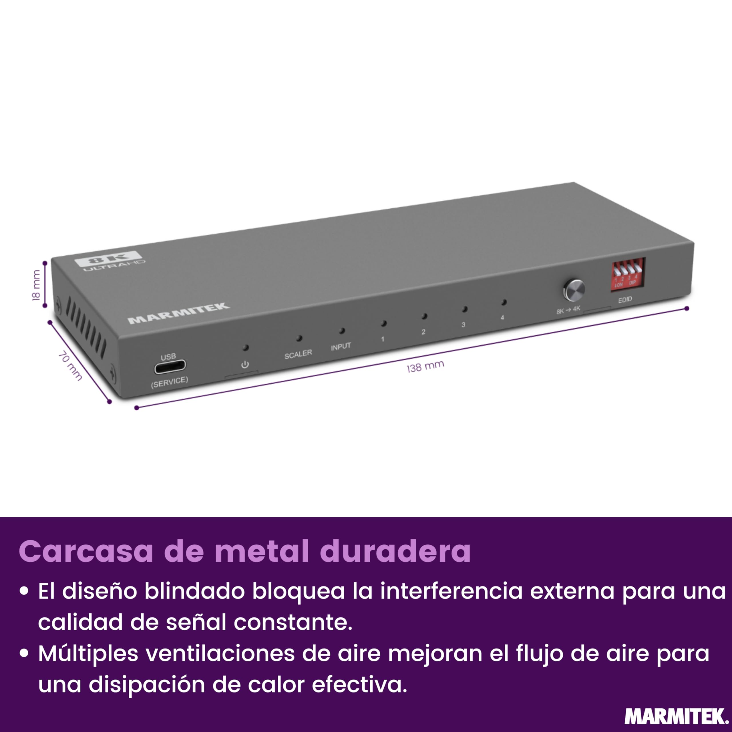 Marmitek Split 814 Pro - Splitter HDMI 8K60 4K120 1 Entrada 4 Salidas HDR | Distribuidor HDMI 2.1 con extractor audio, EDID, downscaler, HDR10+, Dolby Vision, 48 Gbps, HDCP 2.3, DTS-HD y metal