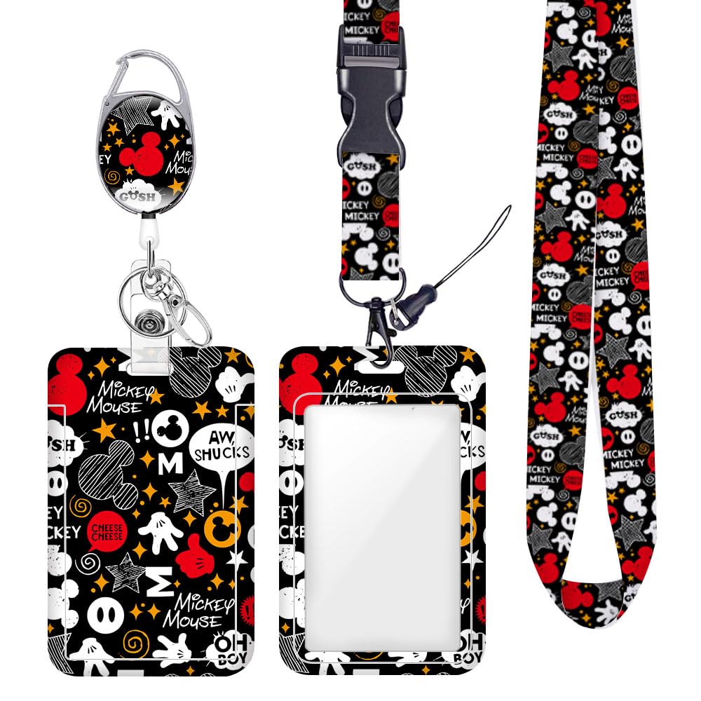 ID Badge Holder with Lanyard Retractable Badge Reel Cute Funny ID Card Holder Cartoon Mouse Themed Gift Lanyards for ID Badges Vertical ID Protector