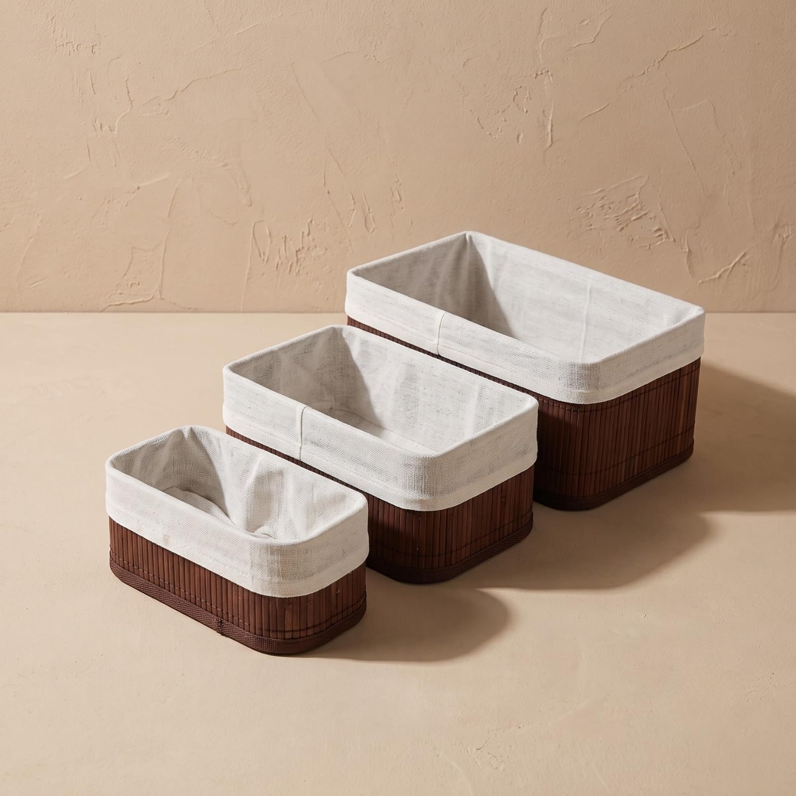 Juego de 3 cestas de bambú con forro de tela, 30 x 20 x 13 cm