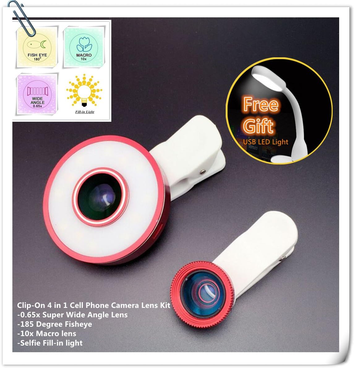 Lovkit Universal Clip-On 4 in 1 Cell Phone Camera Lens Kit 12 LED Selfie Fill-in light+ 185 Degree Fisheye+ 10x Macro+ 0.65x Super Wide Angle Lens for iPhone 6/6 Plus/5/5S, Galaxy S6/S5, Red