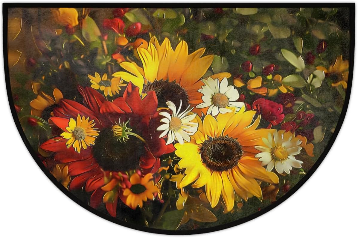 AUUXVA Vintage Sunflower Daisy Half Round Door Mat Indoor Entrance, Sunflower Florals Non Slip Absorbent Doormats, 24 x 36 Wear Resistant Semi Circle Floor Mats Area Rugs for Home Kitchen Patio