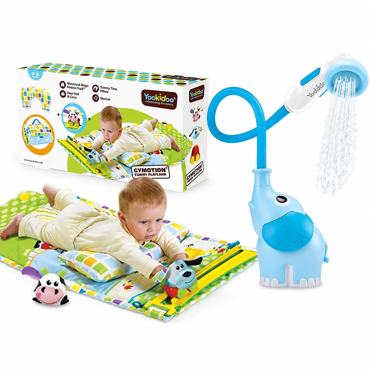 Yookidoo Baby Bade- & Spiel Bundle – Elefanten Baby Duschkopf mit Wasserpumpe & Bauchlage Spielmatte mit