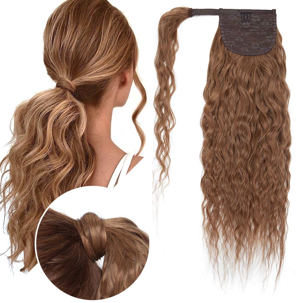 Hairro Wavy Pony Tails Hairpieces Real Hair Ponytails Human Hair Corn Wave Afro Yaki Curly Wrap Around Ponytail Remy Hair Natural Pony Hair Onepiece Clip Ins Ponytail For Women 18" #06 Light Brown