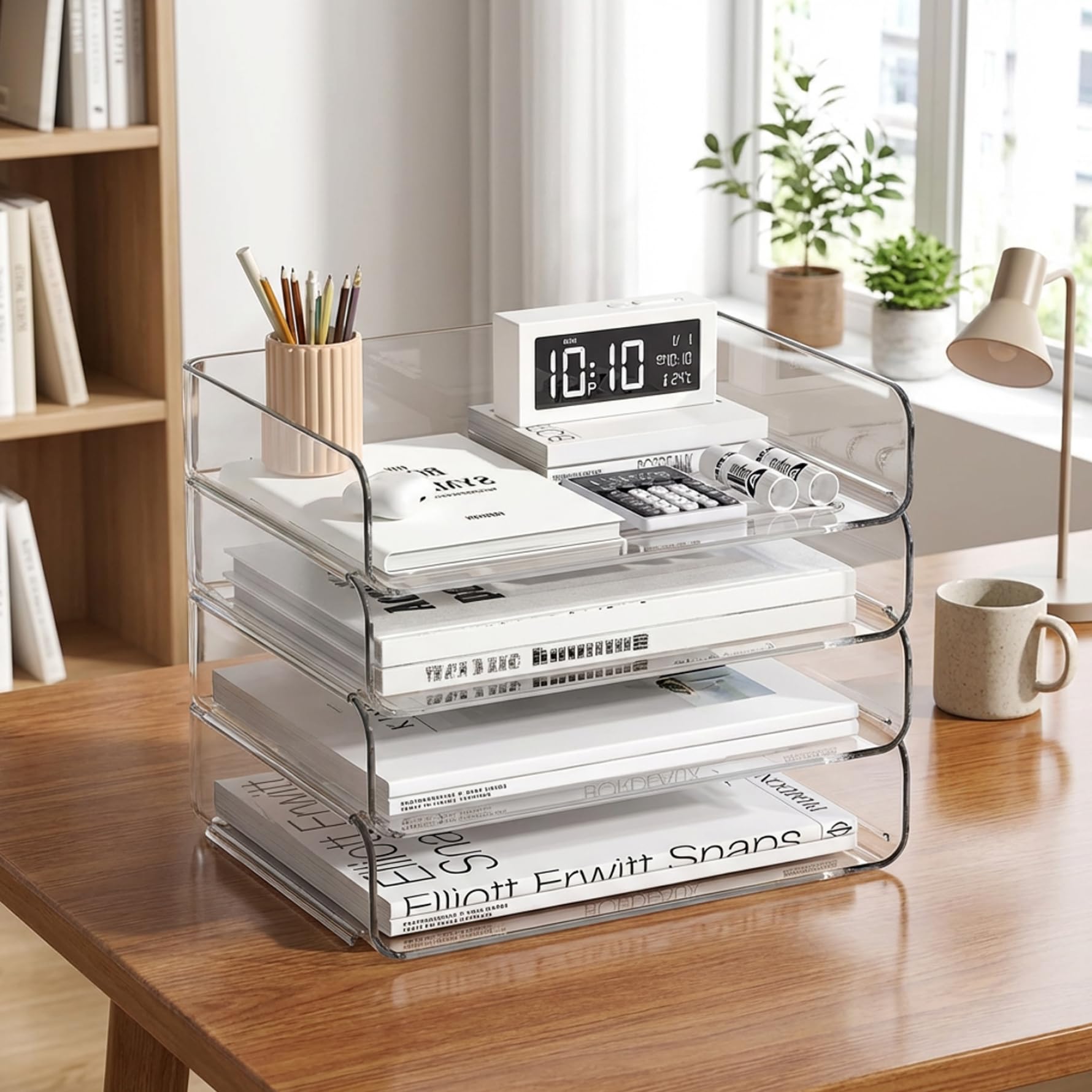 Organizador de escritorio acrílico, organizador de escritorio transparente apilable de 4 niveles para papel A4, cartas y libros - Almacenamiento de archivos de PET transparente para o.
