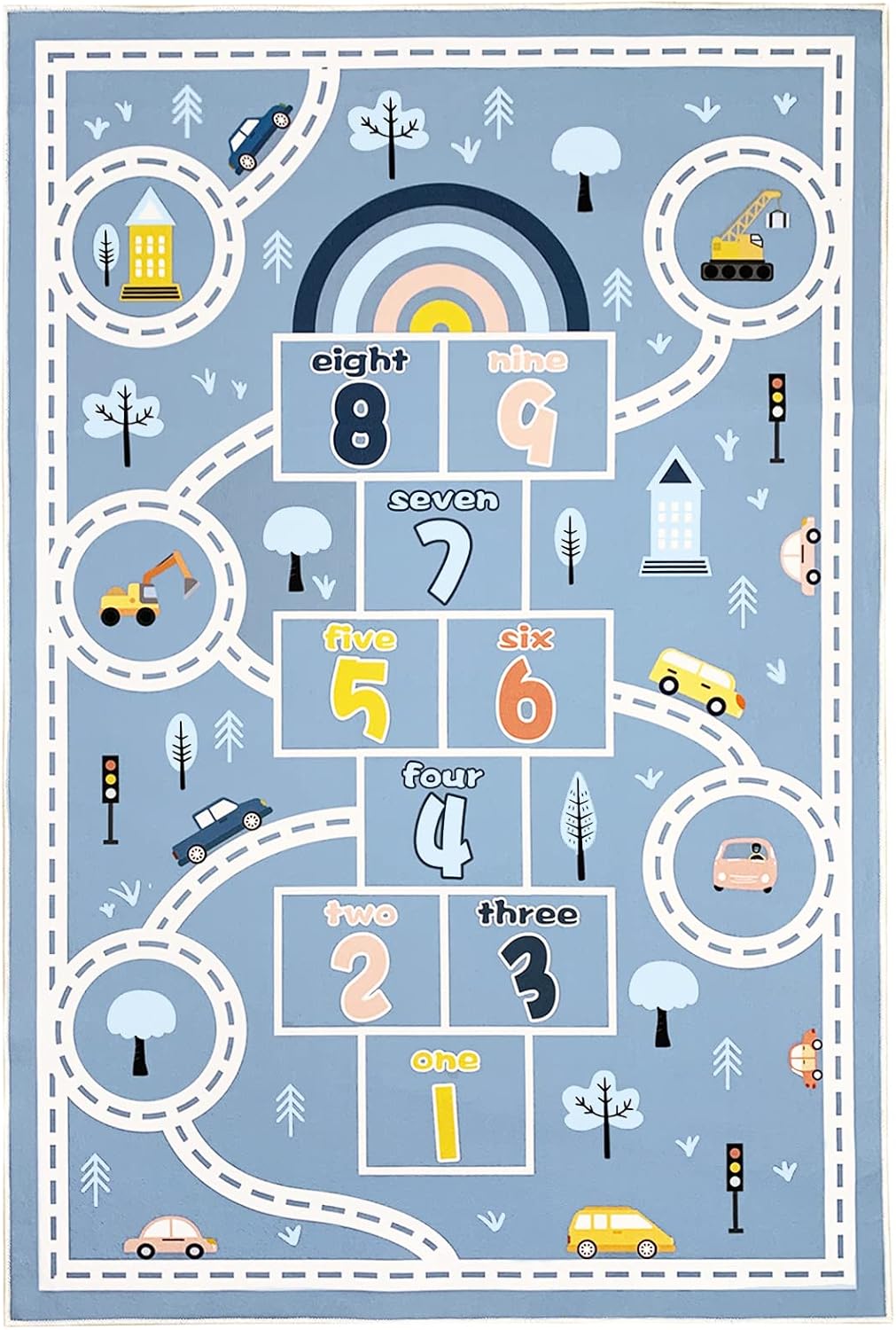 Hopscotch Car Rug 10Ft Extra Large Blue Kids Play Mat Rainbow Classroom Carpet for Children Boys Girls Bedroom Educational Learning Area Rug, Preschool Car Road, 6.6x9.8Ft