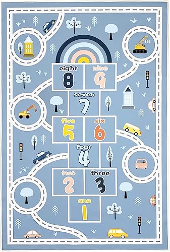 Miniatura 4 de Abeigoi Alfombra infantil de 4 x 6 pies, alfombra de automóvil Hopscotch para niños, alfombra de área para niños, alfombra lavable para el aula,