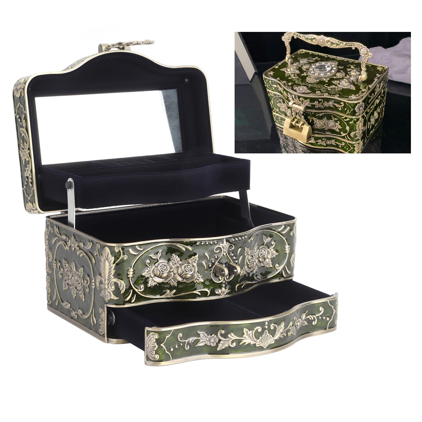Generic Emaliowana Szkatułka na Przerwanie w Stylu Retro, z Wbudowanym lustre. Pudełko na Zakończenie Emaliowane w Stylu Retro z Zamkiem na Urodziny (Miedziana antyczna zieleń)