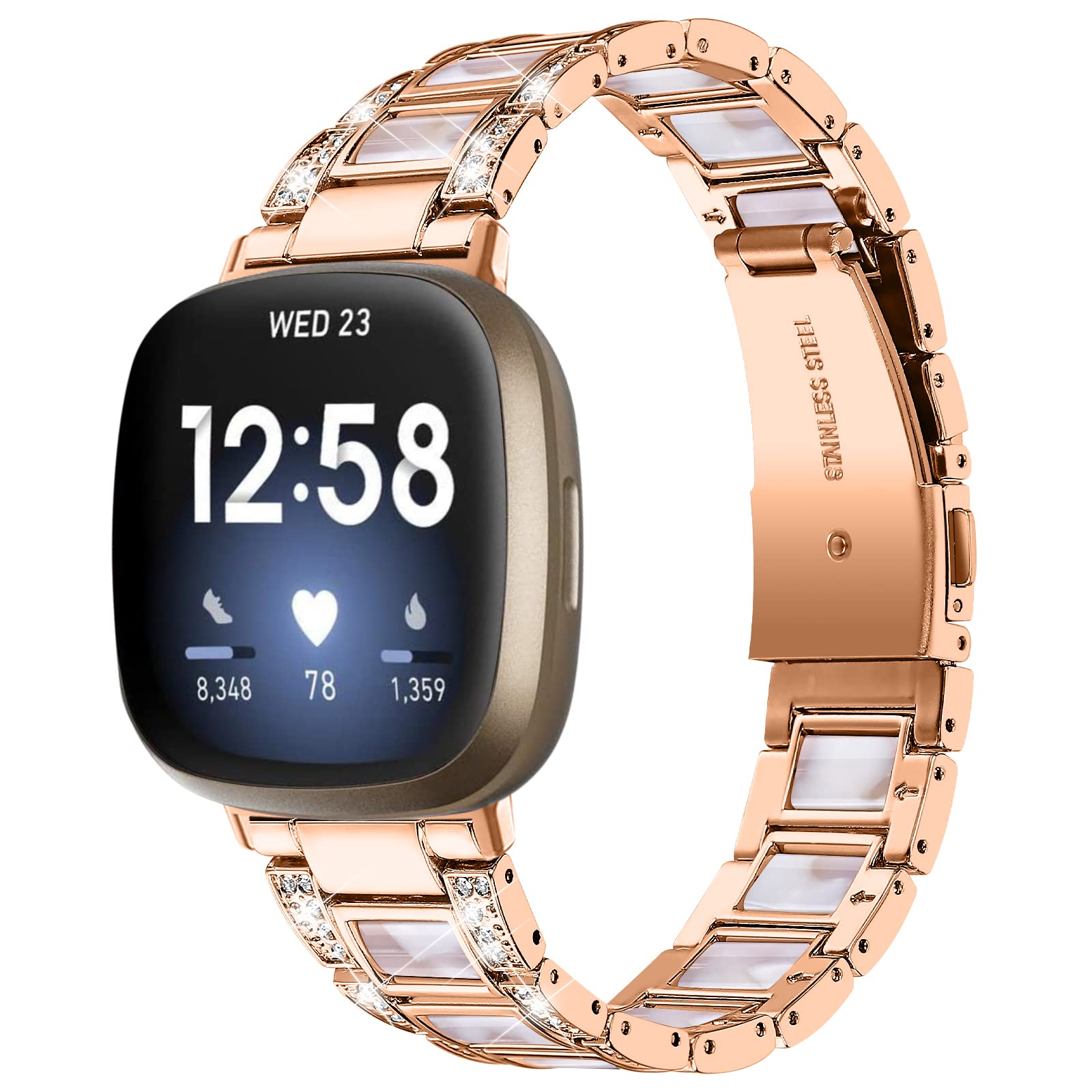 AISPORTS Compatible for Fitbit Sense 2/Versa 4 Strap Stainless Steel Resin for Women, Crystal Bling Glitter Diamonds Jewelry Metal Bracelet Sport Wristband Replacement Strap for Fitbit Sense 2/Versa 4
