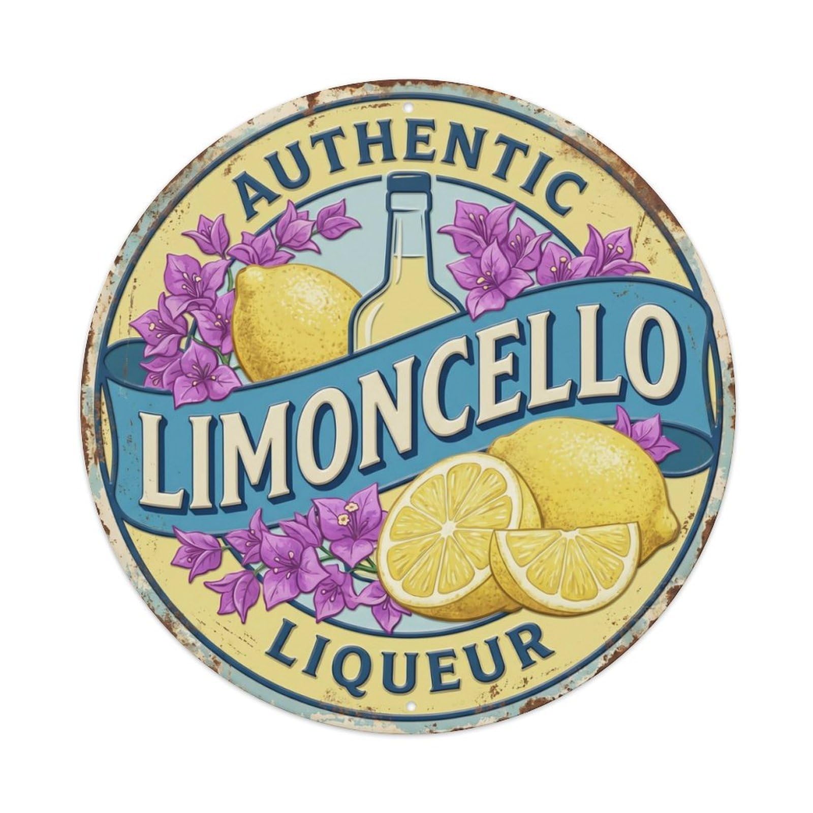 Authentic Limoncello Liqueur Badge Metal Tin Sign Plaque Wall Decor for Cafe, Club Bar, Office, Home Garden Round Metal Poster 8x8Inch