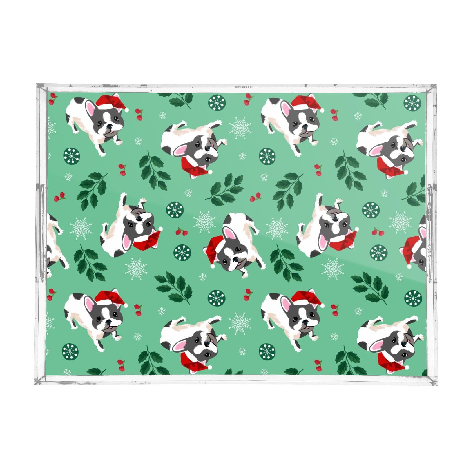 Bandeja acrílica rectangular de acrílico con asas, bandeja de desayuno de 12 x 16 pulgadas, bandeja de desayuno acrílica de Navidad, bulldog francés, blanco, verde, impermeable, transparente