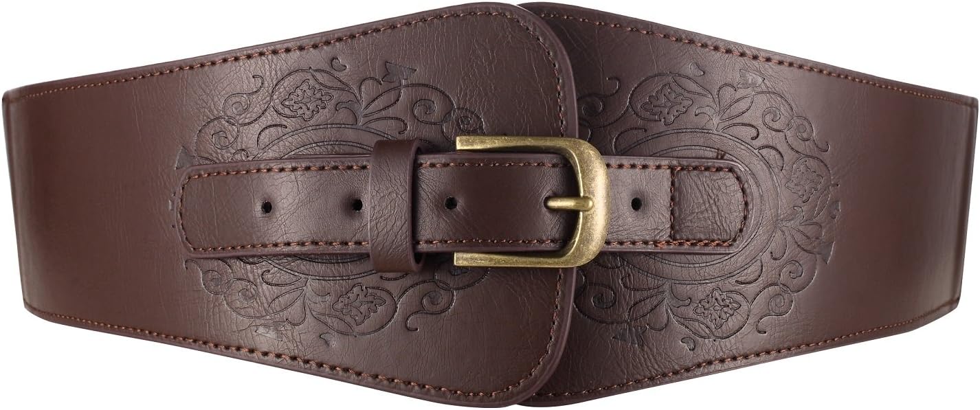 Motase Faux Leather Womens Wide Elasitc Stretch Waist Belt Corset with Floral Dark Brown Plus Size XL