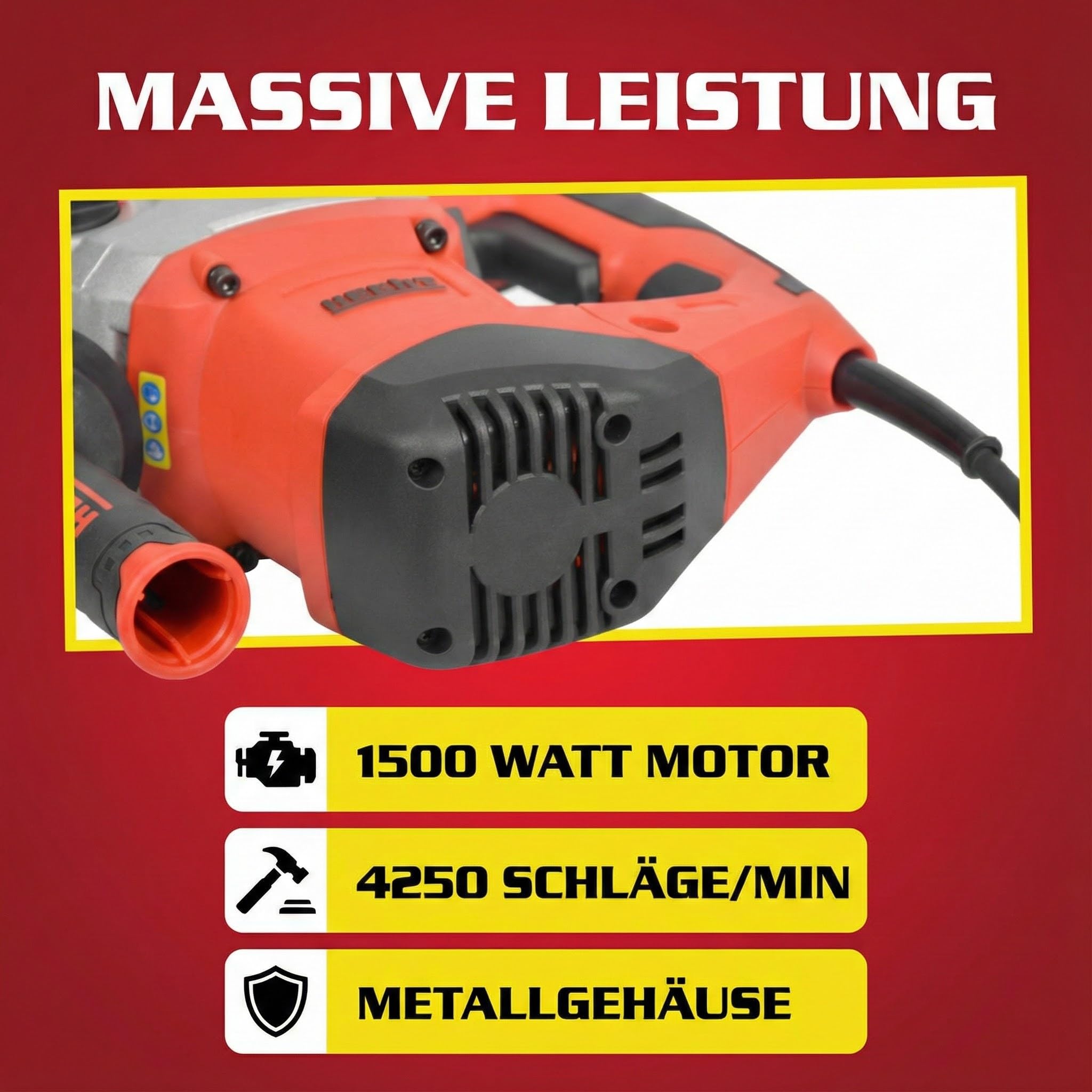 HECHT starkes Bohrhammer Set mit 1500 Watt (Zerstörer 2025) – Mit Zubehör, Meißel und Koffer – Perfekt für Beton – Mit Meißelfunktion (enorme 6 Joule) - Robuster Bohrhammer