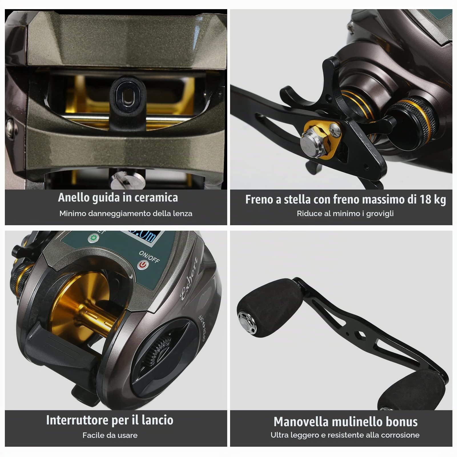 Mulinello da Pesca Elettrico Ricaricabile in Fibra di Carbonio USB 9+1BB Con Display Ad Alta Velocità 6.4:1 Sistema Frenante Magnetico