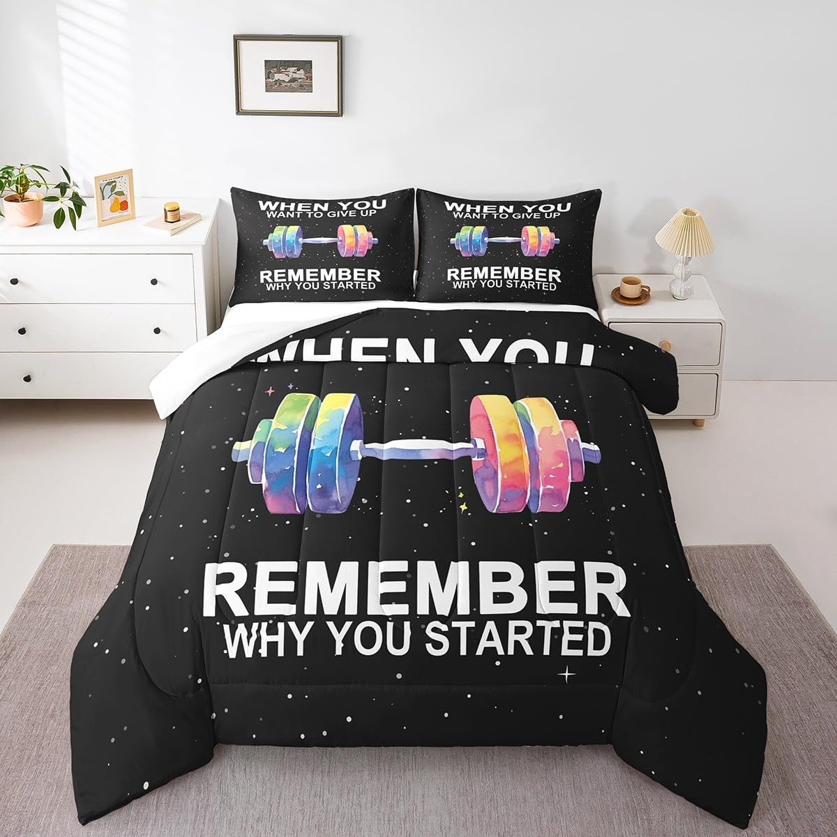 Manfei Weightlifting Teens Comforter Set,Gym Fitness Sports Game Theme Bedding Set for All Season,Watercolor Silhouette Paint Starry Comforter 3 Pcs