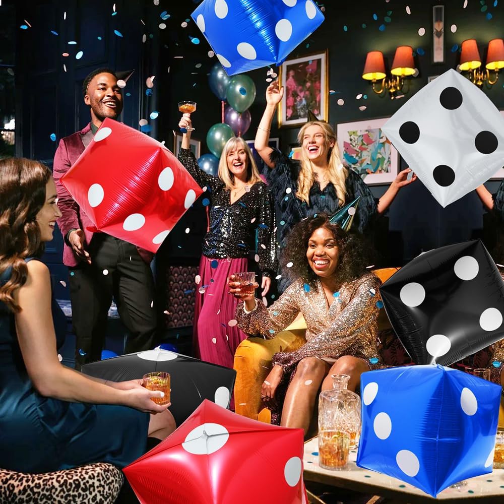 Cute 4D Dice Balloon Dice Party Decorations For Wedding Night Birthday Party Supplies, 6 Pack Red Square Shaped Balloon Inflatable Cube Foil Balloons Poker Events Game Night Casino Balloons
