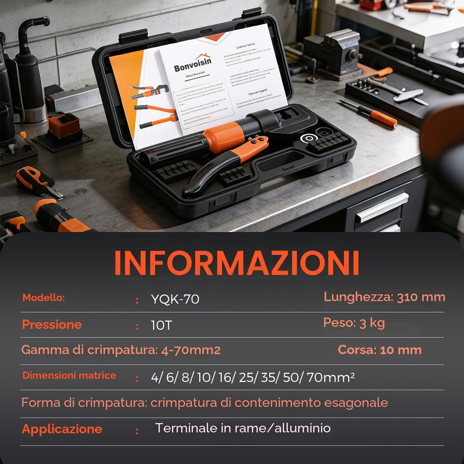 Bonvoisin Pinza crimpatrice idraulica 9 forme, spessore 4 – 70 mm². Manico in acciaio cromato spesso isolato. Adatto per morsetti in rame/alluminio. Istruzioni in tedesco