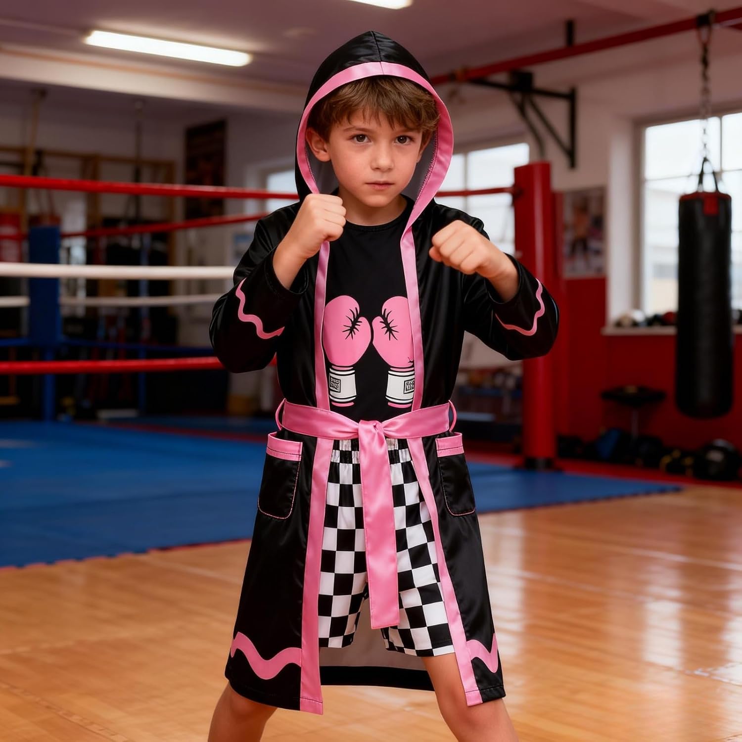GRAJTCIN Boxing Costume for Kids Halloween Boxer Costume Sets Includes Boxing Robe, Fake Muscle Shirt and Shorts