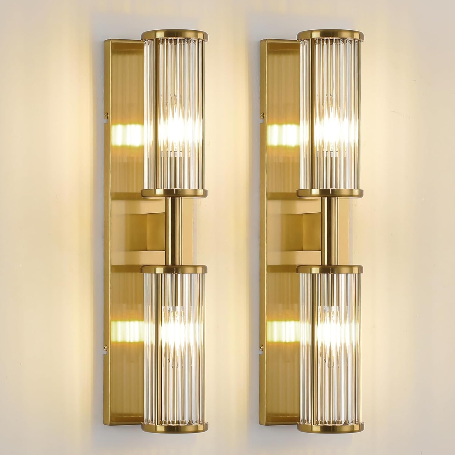 Set of 2 Brushed Brass Vanity Lights, Industrial Bathroom Wall Sconces with Glass Shades for Mirror Lighting