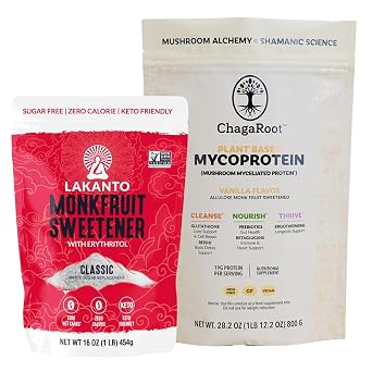 Lakanto Classic Monk Fruit Sweetener with Erythritol 1 lb and ChagaRoot MycoProtein Mushroom Protein Powder Vanilla 1.76 lb