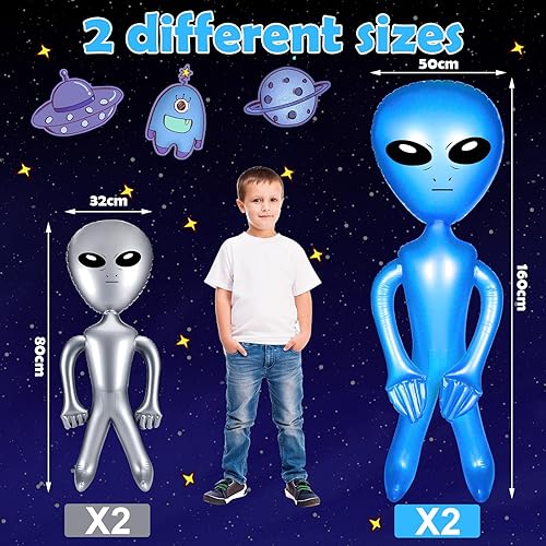 Miniatura 2 de Zhanmai 4 piezas de decoraciones inflables de fiesta de alienígenas de 63 pulgadas y 35 pulgadas para regalos de fiesta de Halloween (plata, azul)