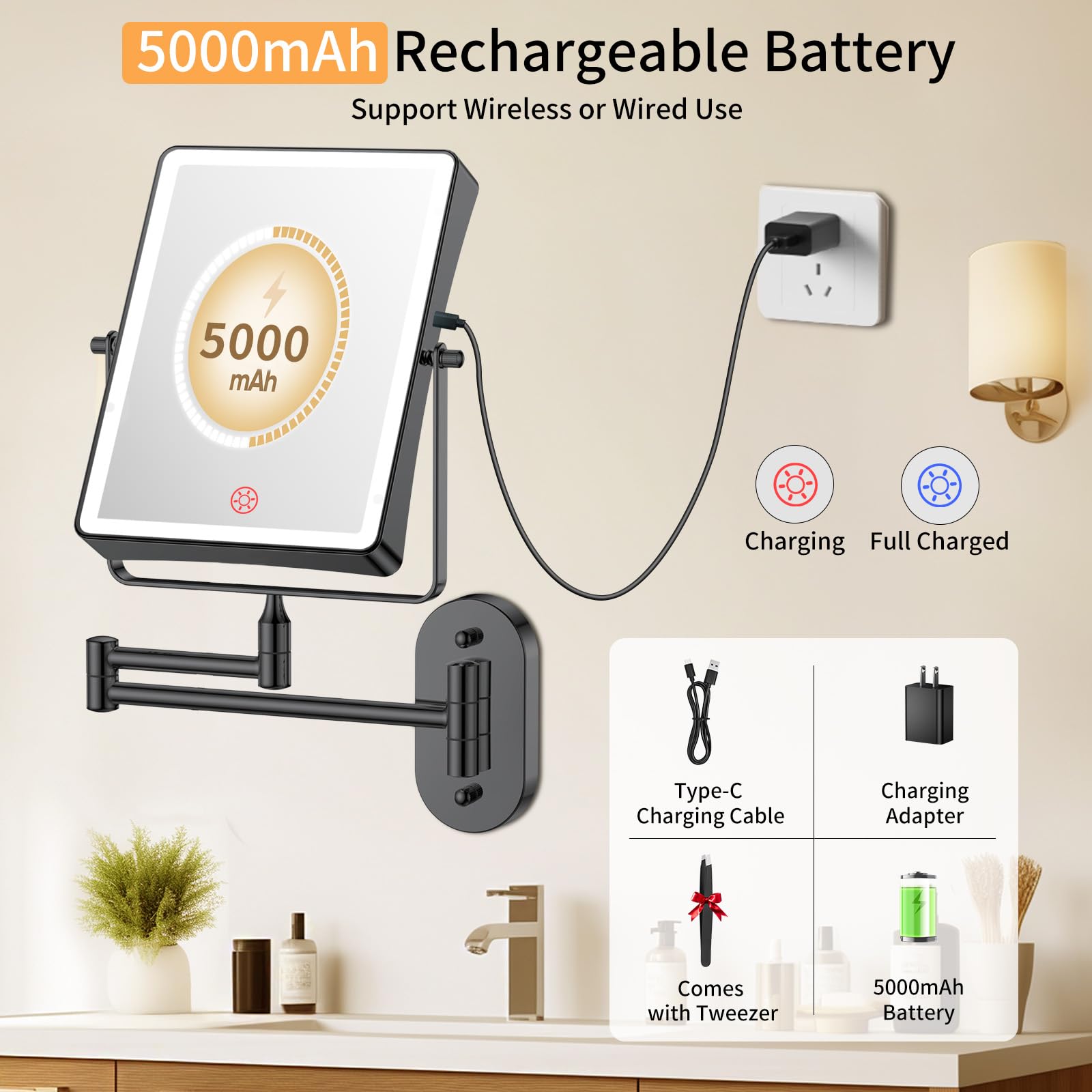 FUNTOUCH Rechargeable Wall Mounted Lighted Makeup Mirror, 1X/30X